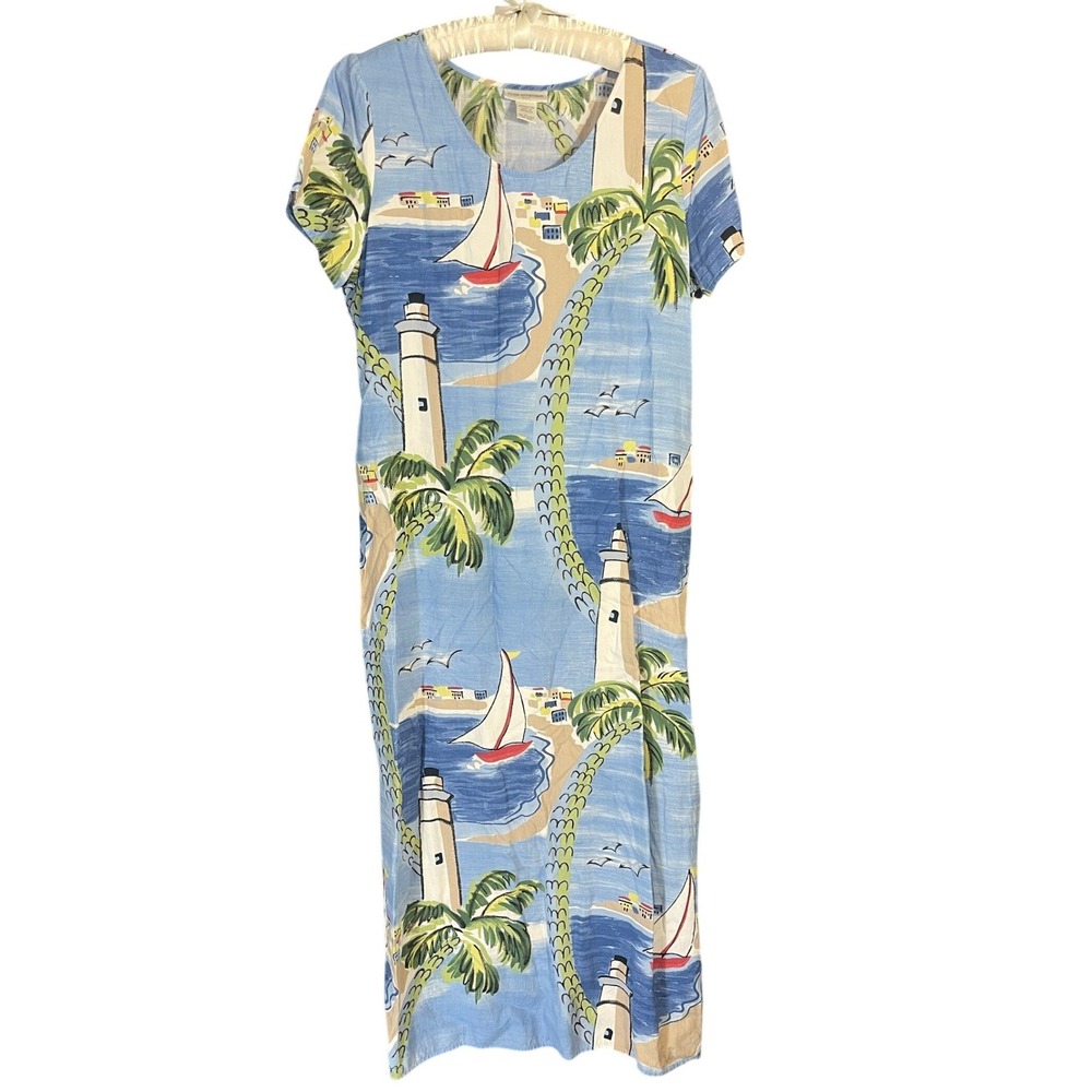 Vintage 90s Maxi Dress Womens L Blue Lighthouse Sailboat Palm Nautical Artsy